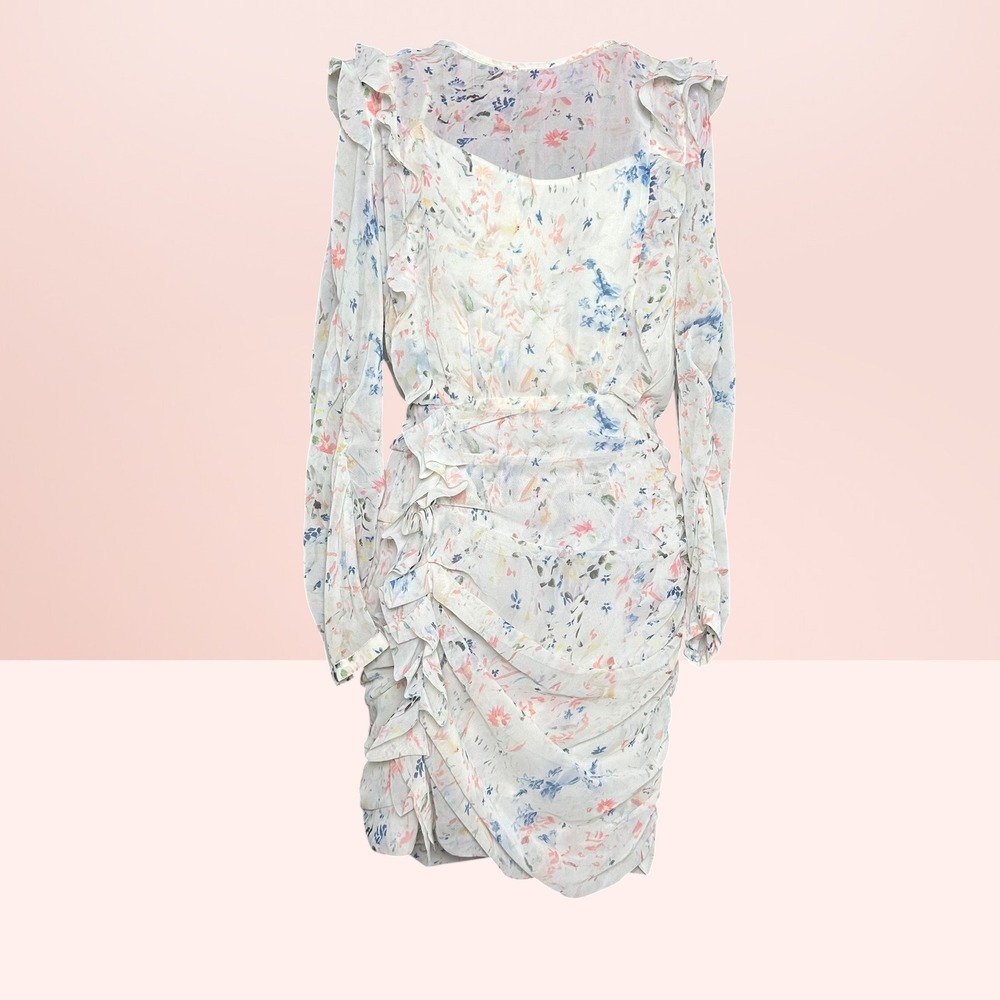 AllSaints Flint Juni Floral Ruched Mini Dress Ruffle Fairy Romantic Sz 0 Cream